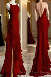 Black Mermaid Beach Wedding Dress With Ruffles, Spaghetti Straps Backless Semi Formal Prom Gown